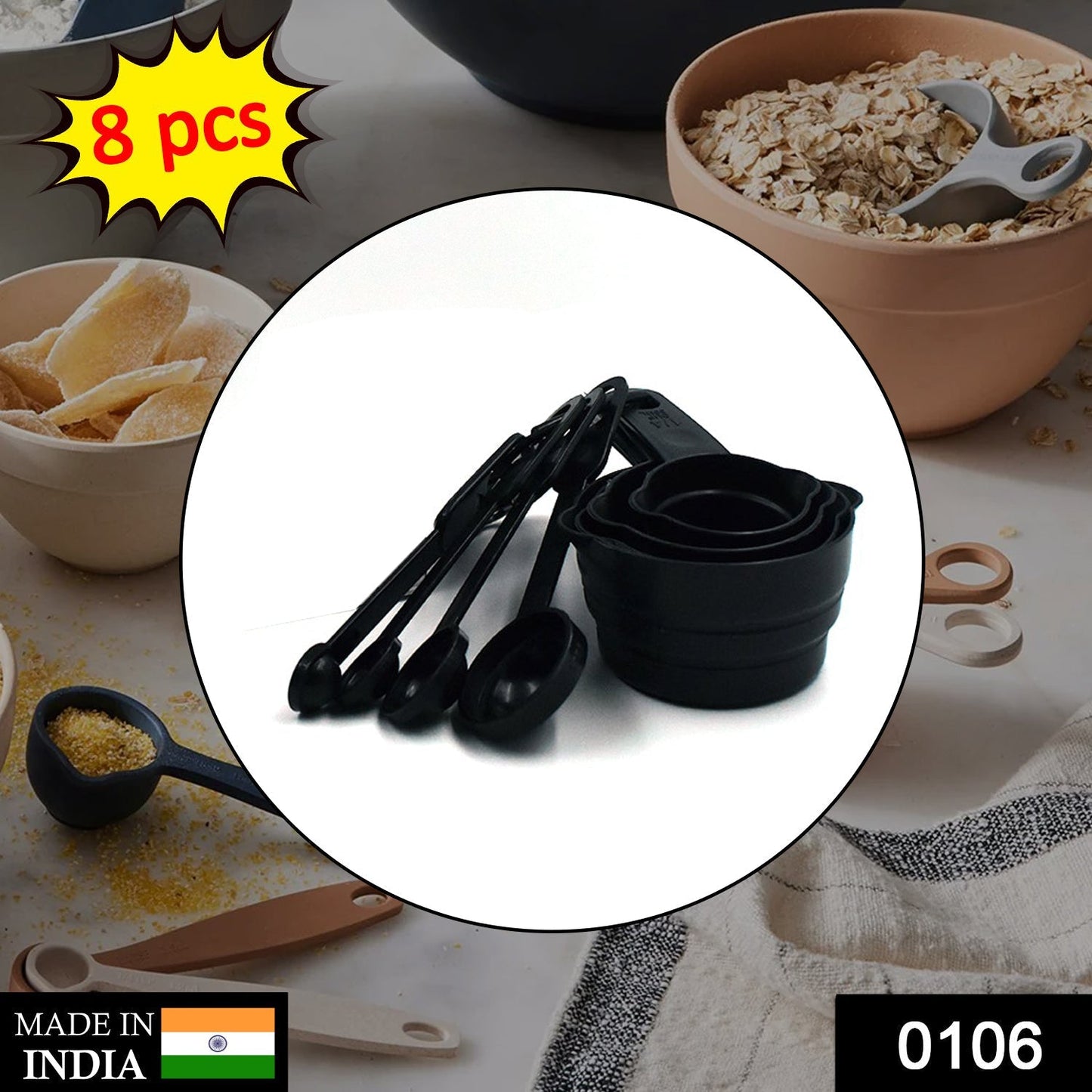 8-piece black measuring cups and spoons.