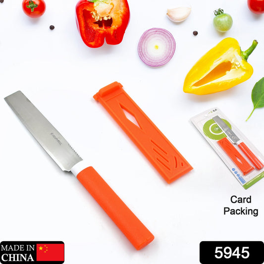 Kitchen knife set with stainless steel blades, non-slip handles, and protective covers.