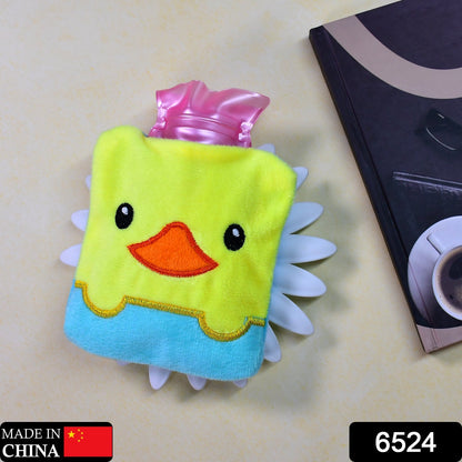 Cute yellow duck hot water bag with cover for neck pain relief.