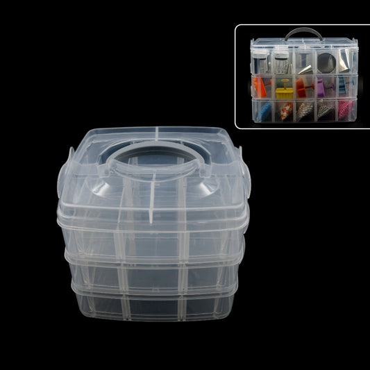 Transparent 18-grid organizer box with adjustable dividers for jewelry and hooks.