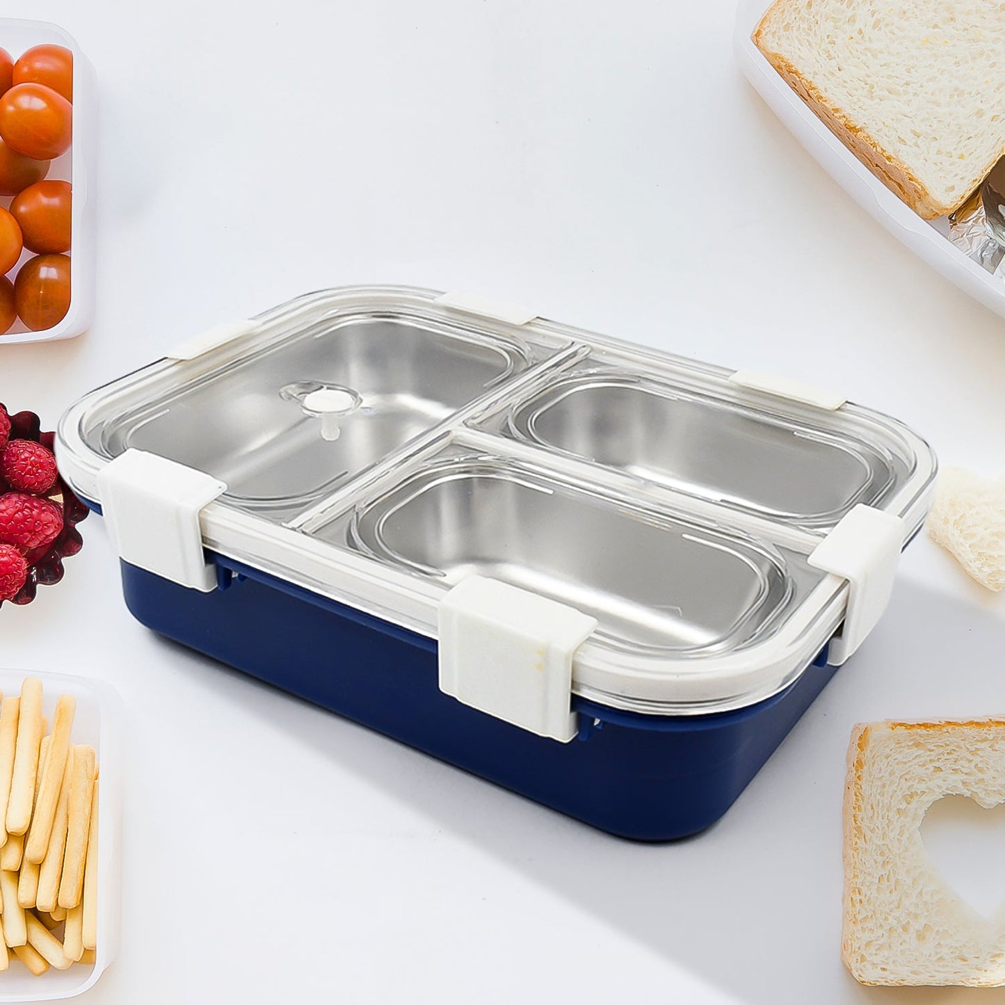 3 Compartment Transparent Stainless Steel Lunch Box for Kids, Tiffin Box, Lunch Box, Lunch Box for Kids, Insulated Lunch Box, Lunch Box for Office Women and Men, Stainless Steel Tiffin Box for Boys, Girls, School Office (Multi Color)