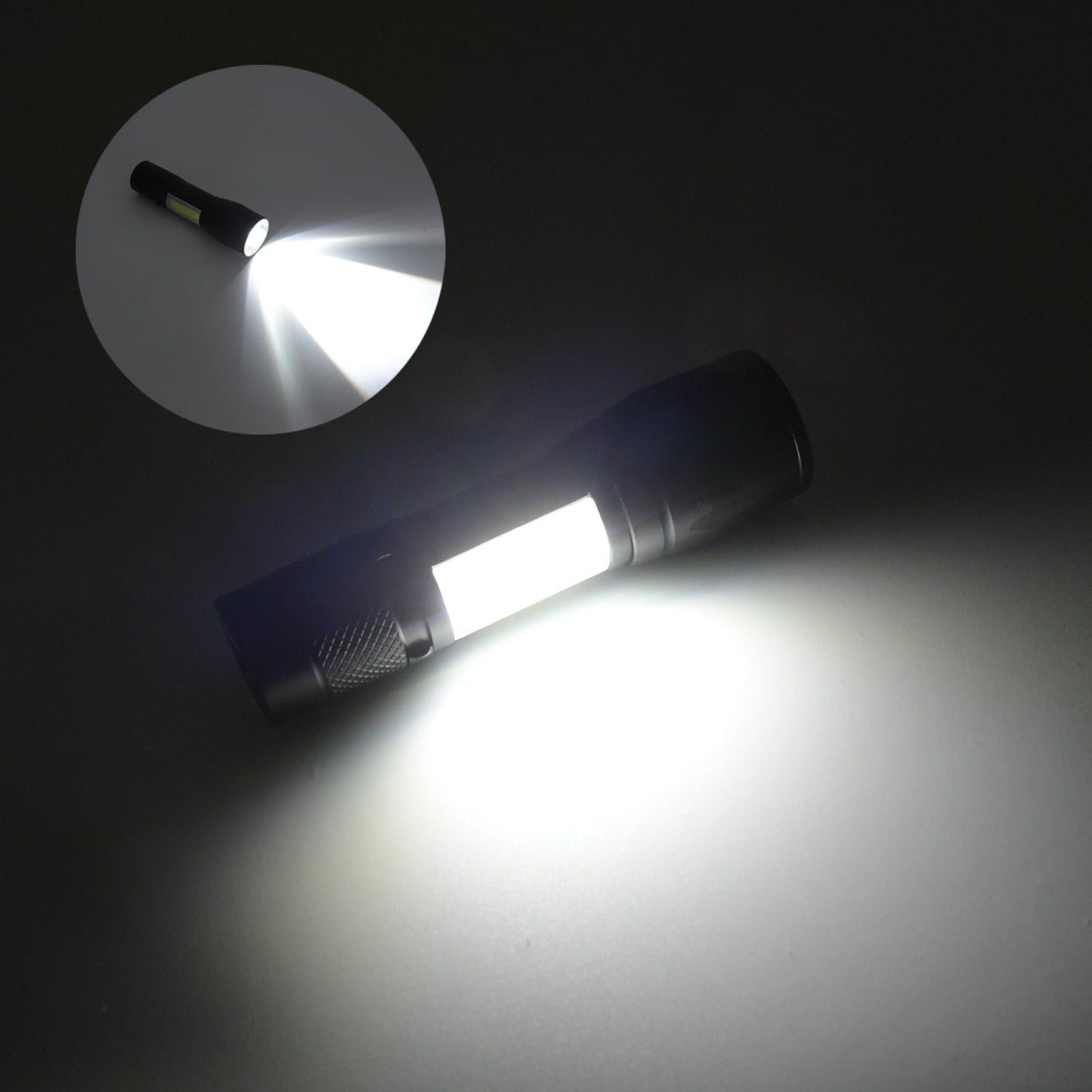 Pocket-sized rechargeable torch with a powerful LED light and zoom function.