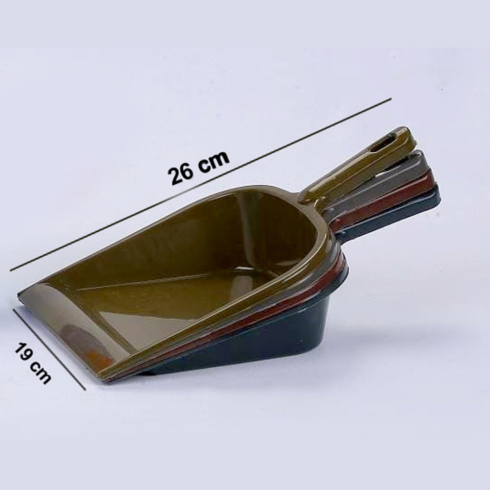 Versatile plastic dustpan with handle, perfect for home cleaning.