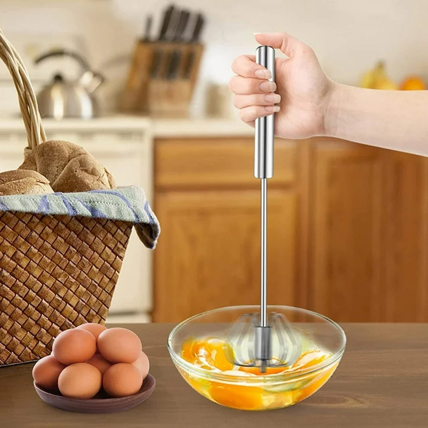 Big Stainless Steel Egg Whisk, Hand Push Rotary Whisk Blender (1 Pc / 35 Cm)