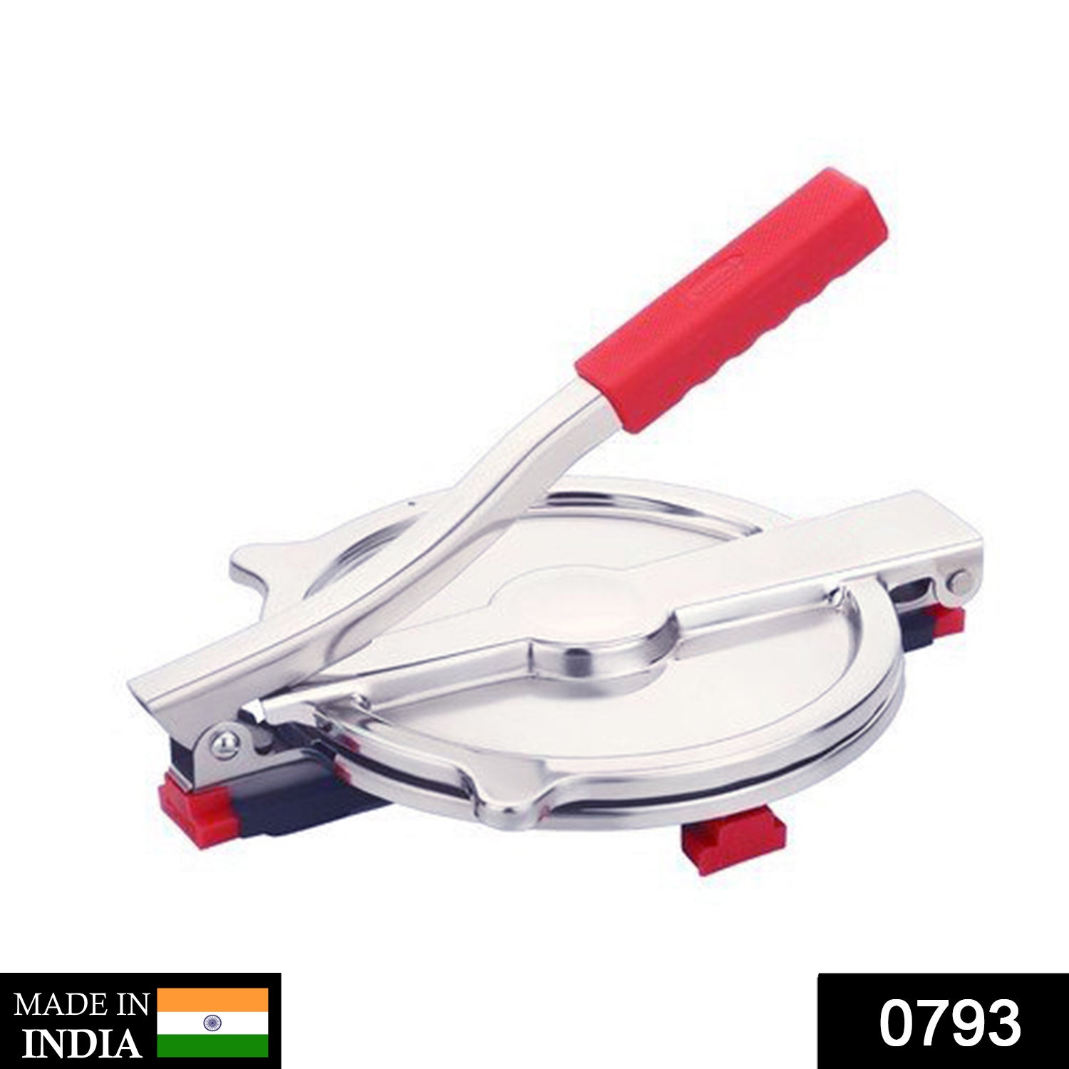 Manual puri press machine with stainless steel construction and handle.