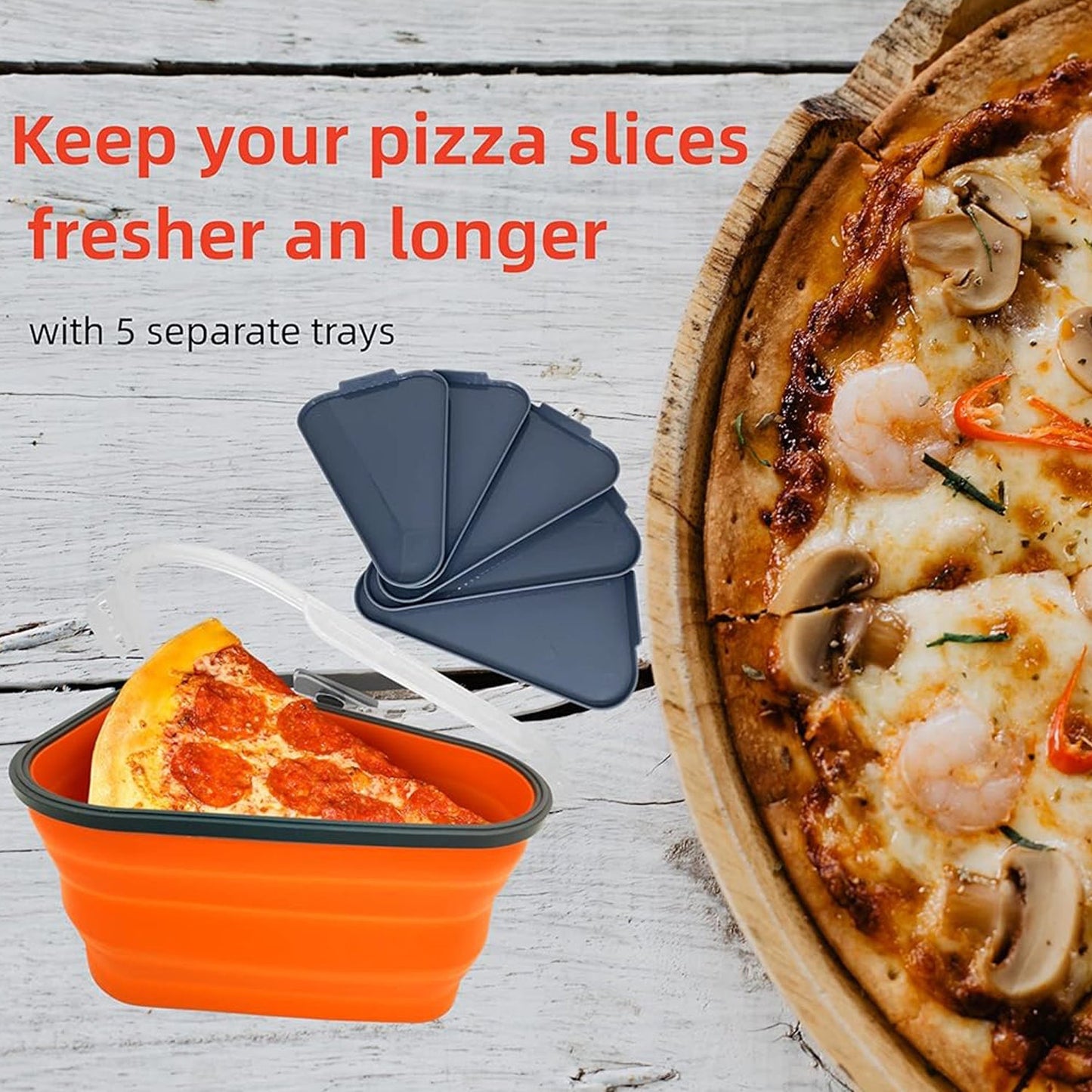 Reusable Pizza Storage Containers with 5 Microwavable Serving Trays, Silicone Container Expandable & Adjustable for Packing Pizza at home / outdoor