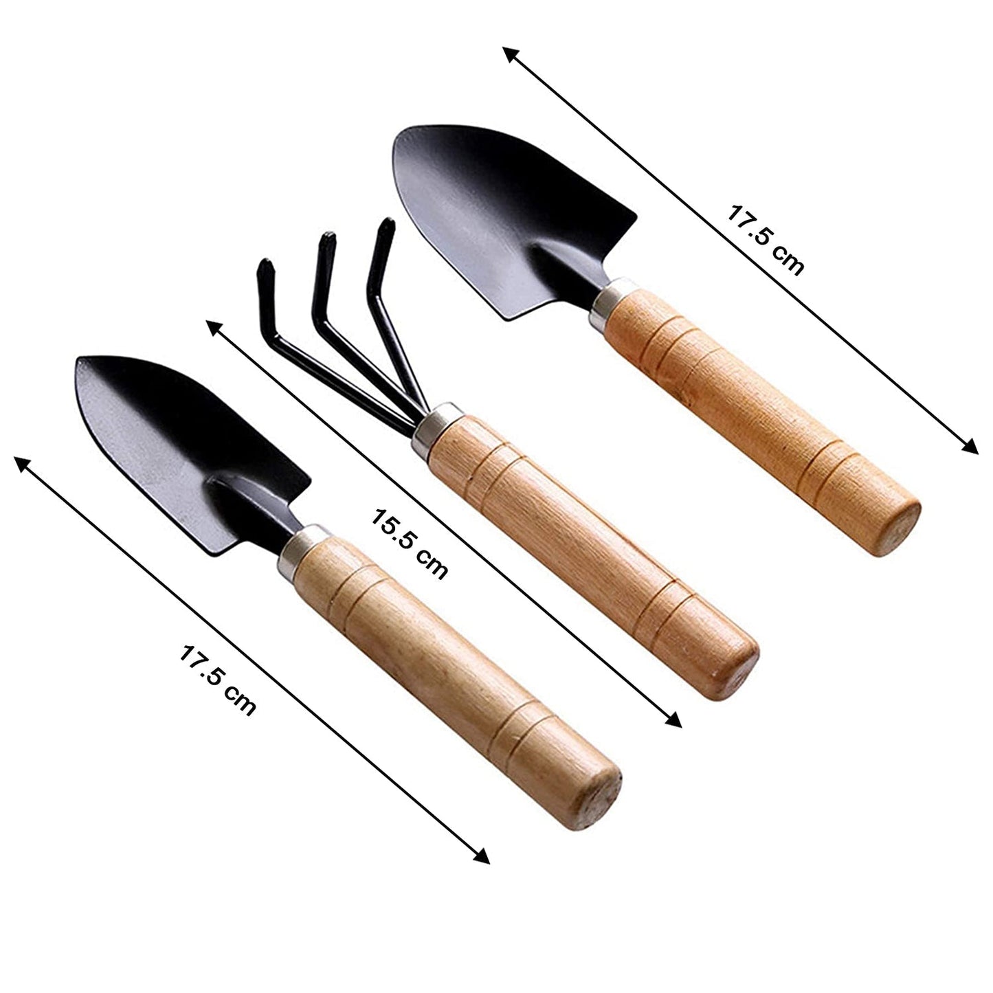 Set of 3 small gardening tools, includes hand cultivator, trowel, and garden fork.