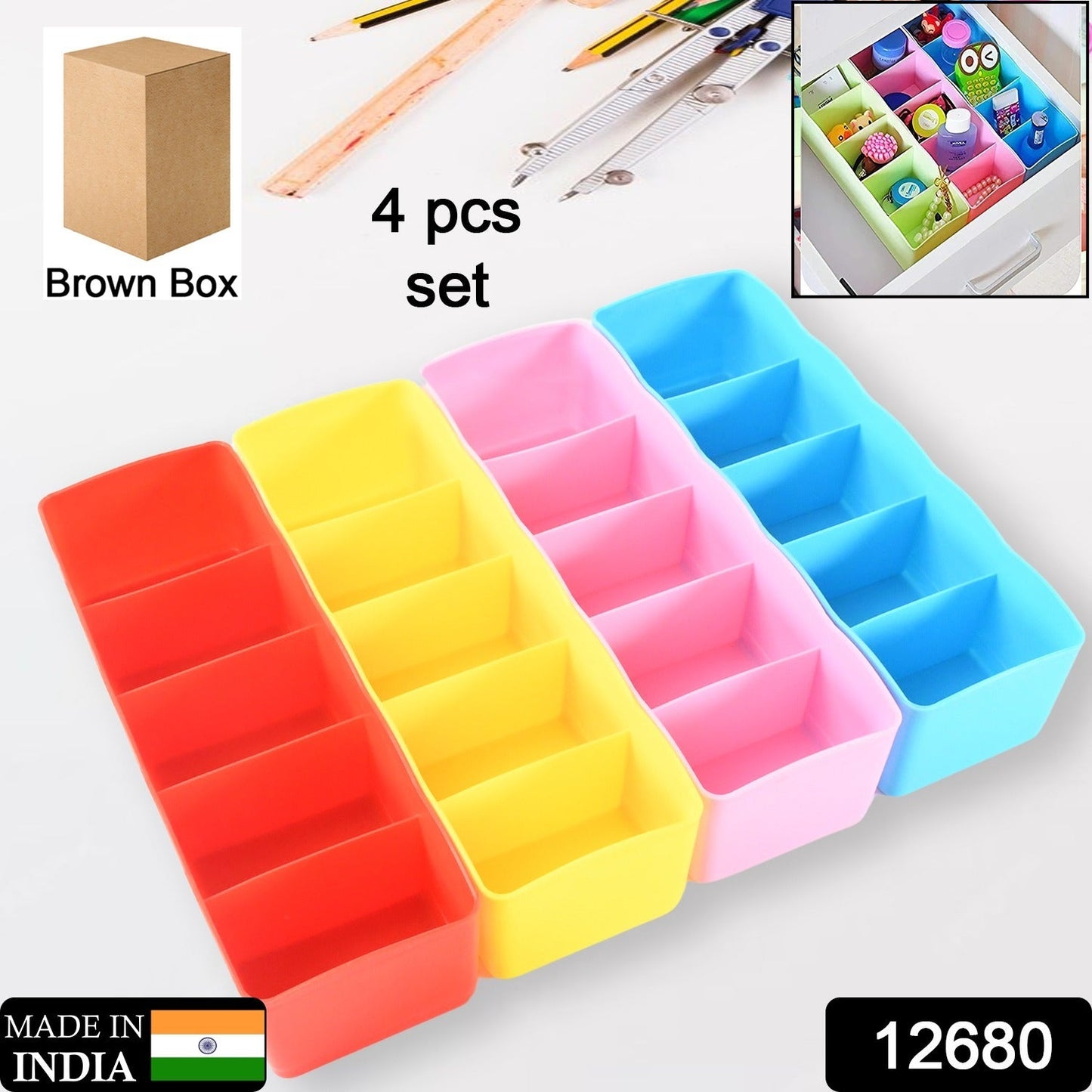 Multi-Function Desktop Drawer Storage Box Clothing Organizer 5 Grid Storage Box Underwear Socks ,Ties Organizer Box (4 Pc Set)