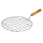 Round stainless steel barbecue grill with wooden handle.