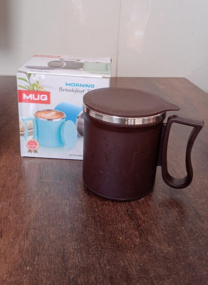 Coffee Mug with Lid and Handle-Plastic Covered Stainless Steel Mug (Random Color, Approx 200 ML)