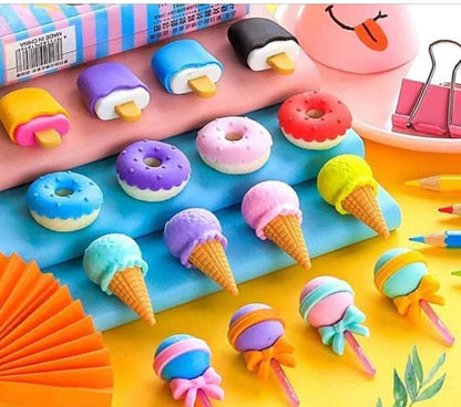 Cone / Donut / Lolipop / Ice cream / Eraser for Girls & Boys / Eraser for School B'Day Return Gift Party Doughnut Lollipop Ice Cream Theme Shape Erasers Set for Kids Educational Stationary kit, School Supplies (1 Set 4 Pc)