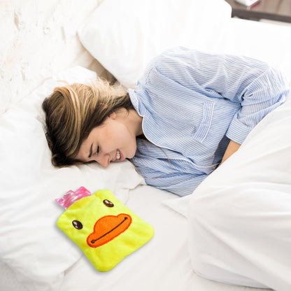 Hot water bag with a cute yellow duck cover for pain relief and warming