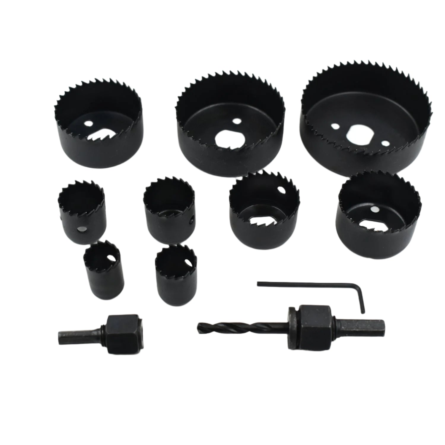 12-piece set of hole saws for drilling needs.