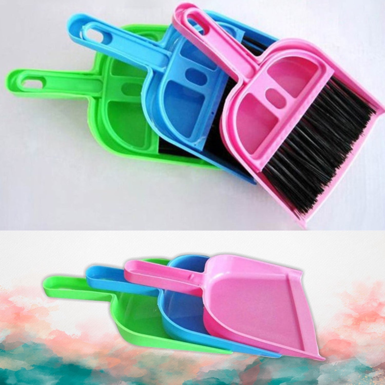 Space-saving dustpan with matching brush for easy storage.