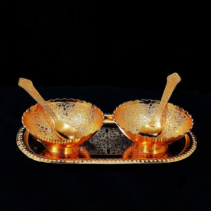 Elegant brass tray set with gold and silver plating, includes bowls and spoons in a velvet gift box.