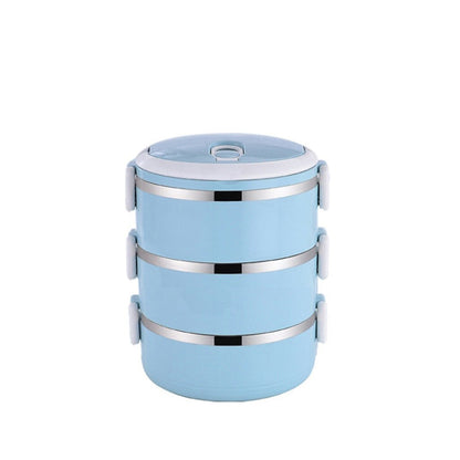 Three layer stainless steel lunch box for keeping food hot.