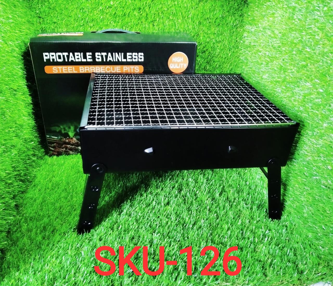 Black folding barbeque grill with side handles