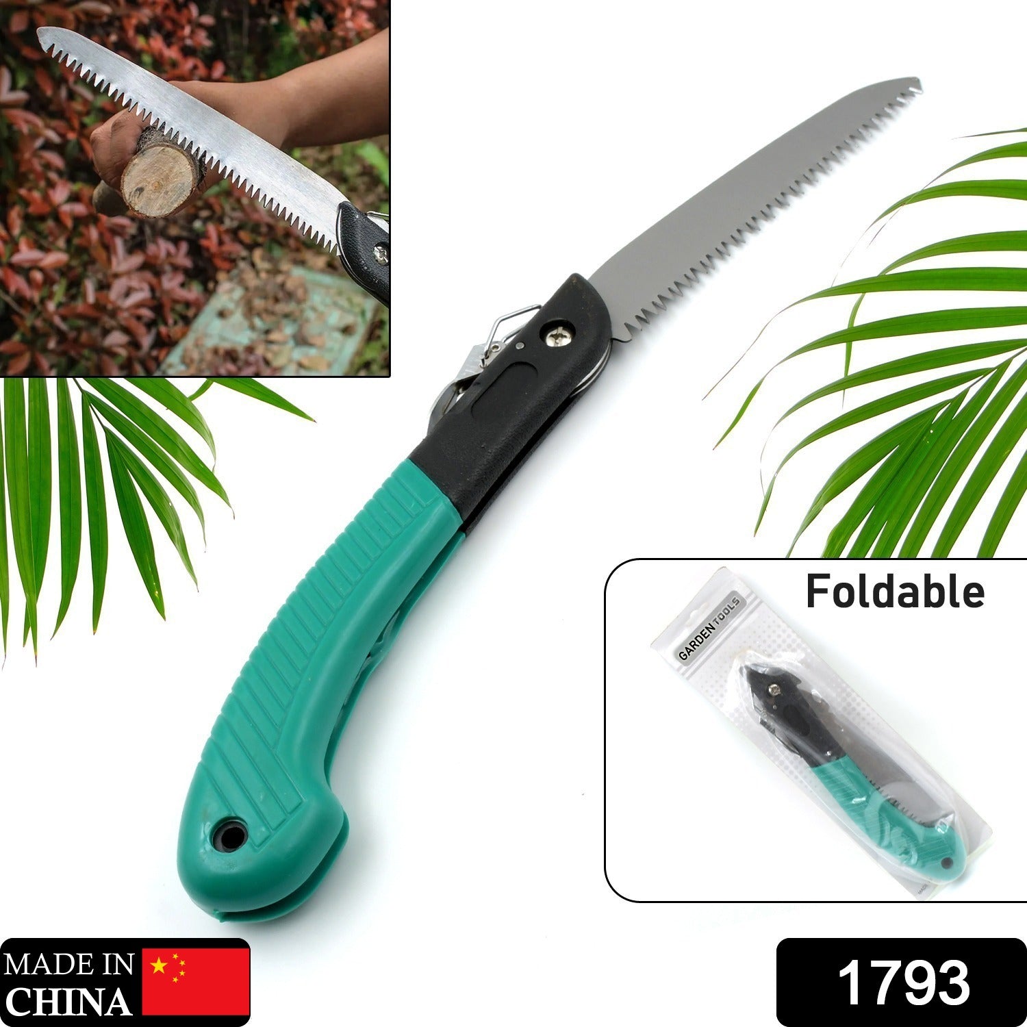 Pruning saw, folding design, ideal for camping, gardening, and cutting various materials.