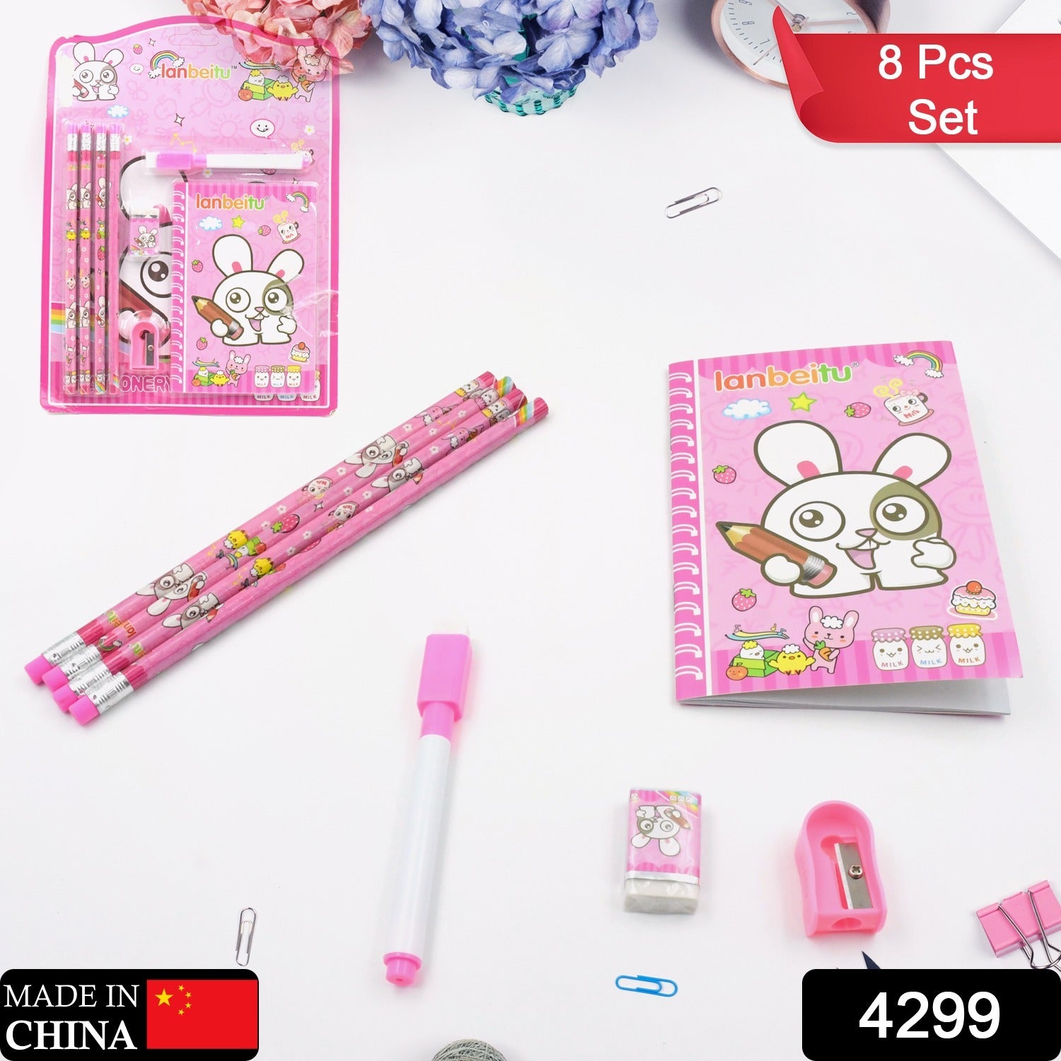 8-piece stationery kit for kids with diary and wooden pencils.