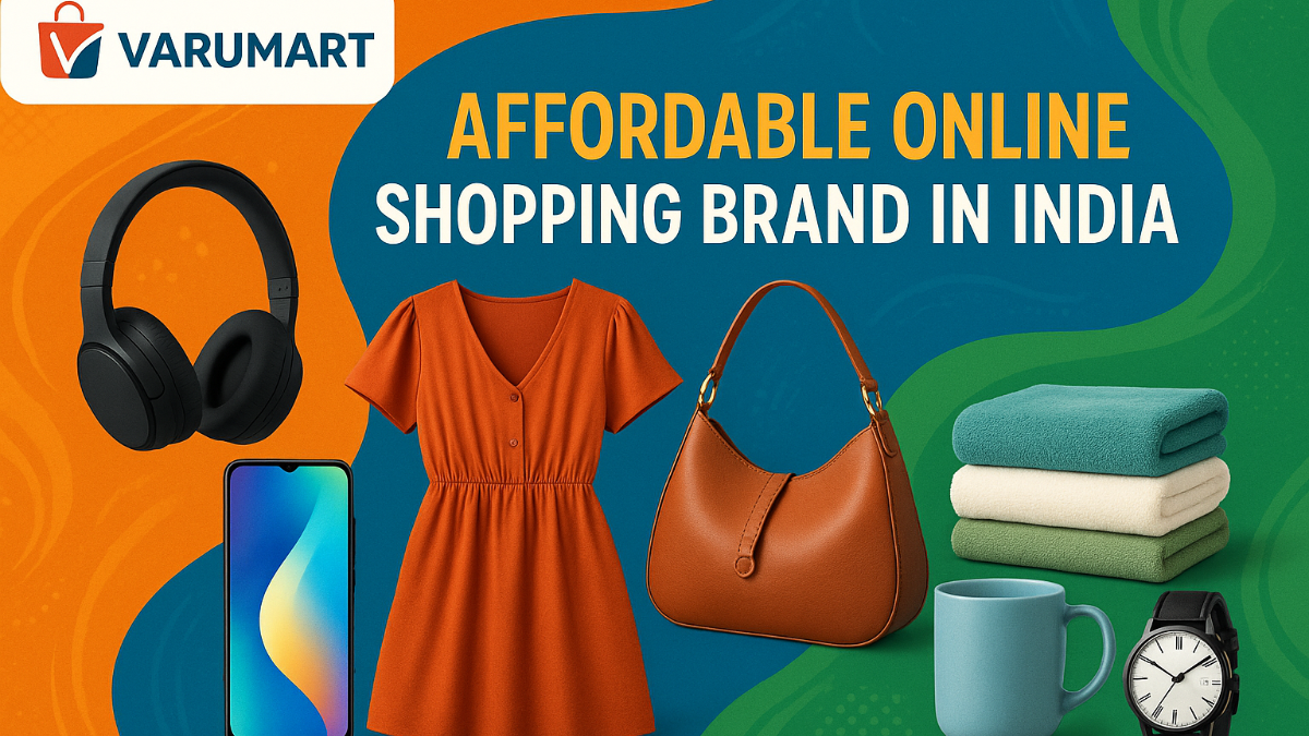 generate a banner with products available in varumart.in and use tagline affordable online shopping brand in India