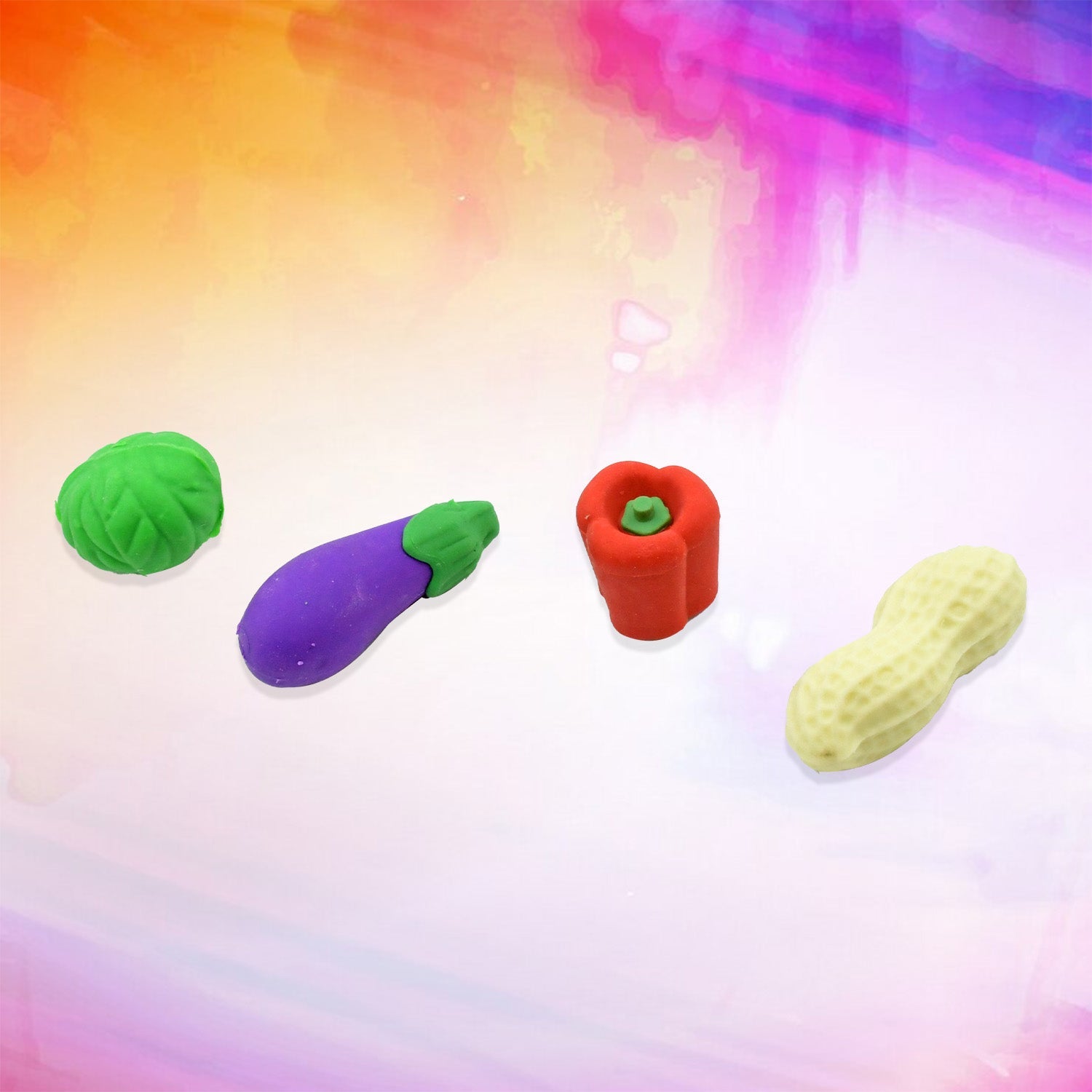 Pencil erasers shaped like fruits and vegetables