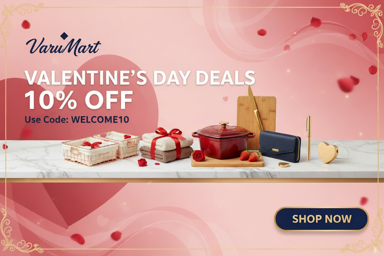 Please generate vibrant Valentine’s Day’s banner using this logo and store available products and exclusive 10% offer WELCOME10 coupon code with shop now option